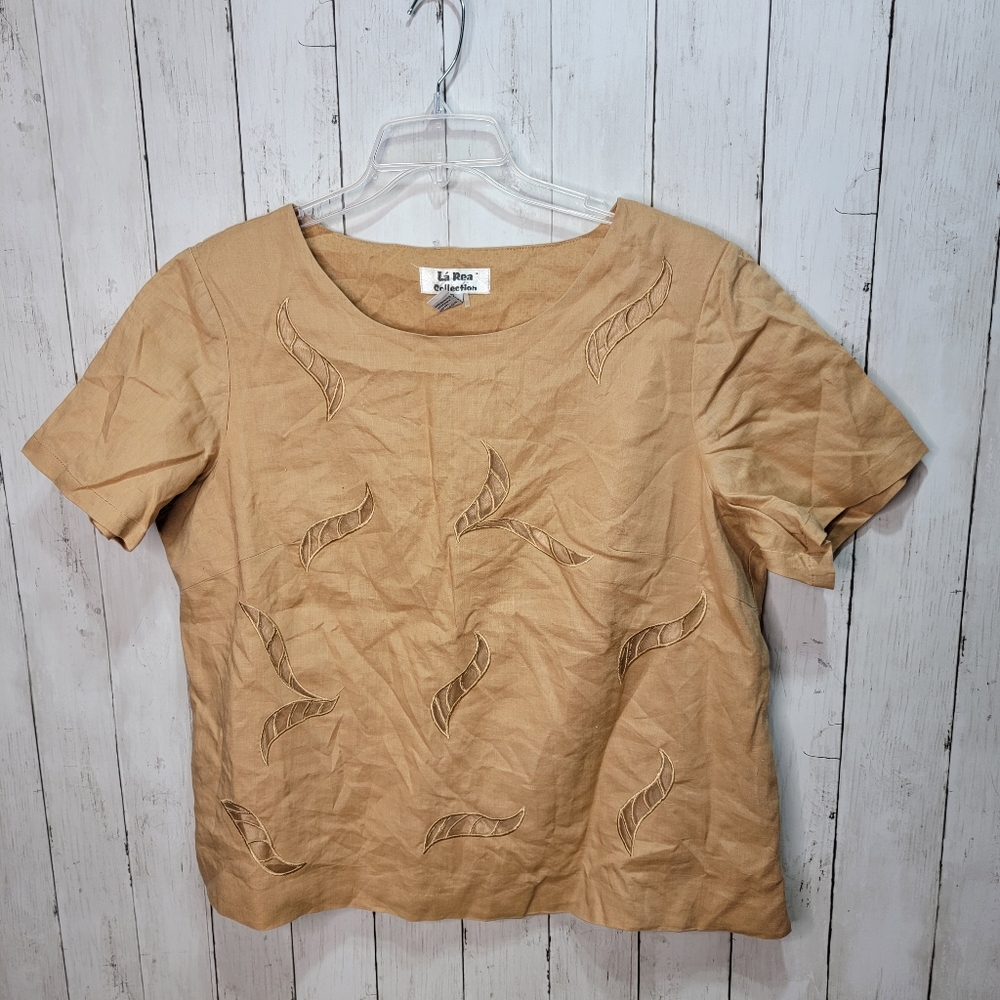 Vintage La Rea Tan Linen Blouse Shirt Lined Cutouts Size 1X Lagenlook.